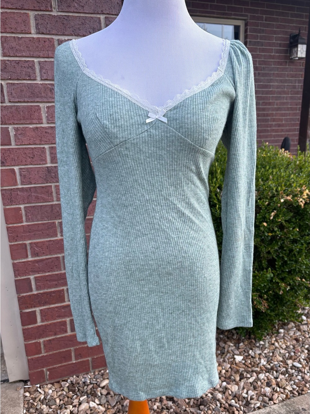 Forever 21 Sage Ribbed Long Sleeve Lace-Trim Scoop Dress
